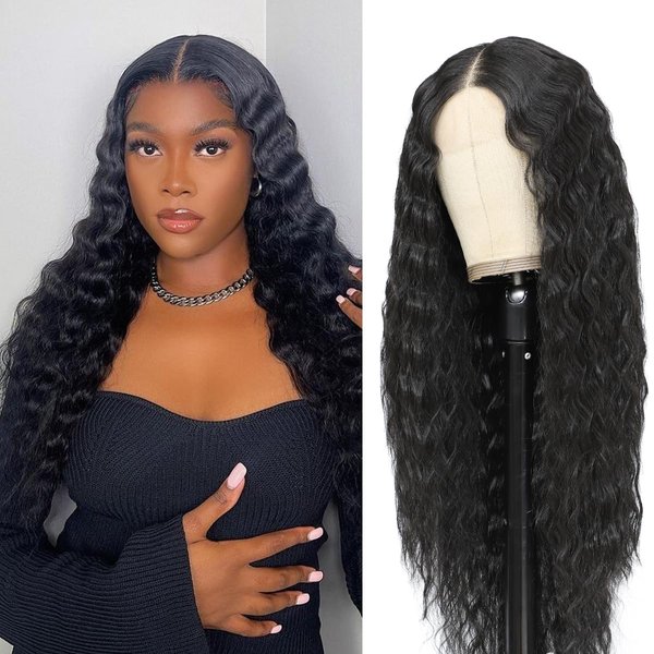 30 Inch Long Curly Synthetic Hair Wigs for Balck Women,13x4x1 Deep Water Wave Lace Front Wig,Simulated Scalp Natural Loose Deep Wave Crimps Curly Wig As Hair Replacement Wigs