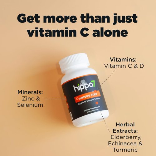 Immune Star by Hippo7. 7-in-1 Immune System Support. Vitamin D, Zinc, Echinacea, Elderberry, Vitamin C, Turmeric & Selenium. (1 Bottle, 60 Capsules)