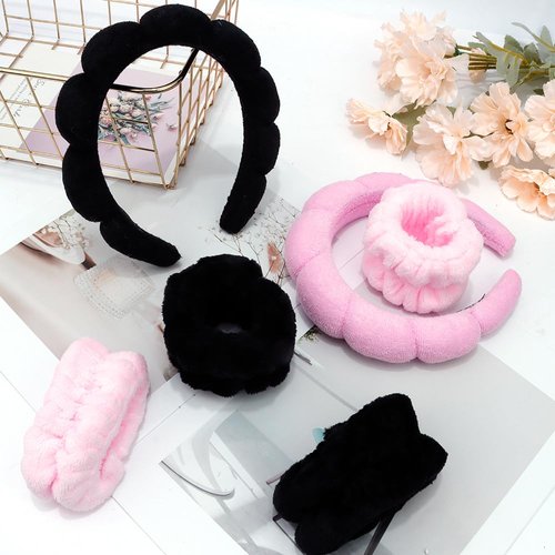 AOPRIE SPA Headbands for Washing Face Makeup Headbands with Bow Hair Band Women Facial Head Band Wrist Towel Wraps For Shower Face Mask Black Pink, 6 Pack