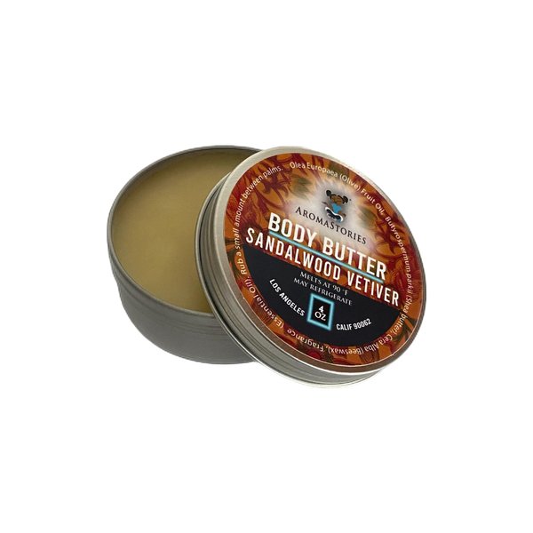 Aromastories Sandalwood and vetiver 4oz Mature and Regal Body Butter Luxurious Traditional and Rich, Essential Oils and Highly Fragrant, Skin Salve and Moisturizer, Shea Olive Oil Beeswax