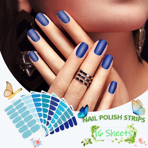 SILPECWEE 8 Sheets Blue Nail Wraps for Women Glitter Solid Color Nail Polish Stickers Stick on Nail Polish Strips Gel Nail Strips Self Adhesive Fingernail Manicure Design with Nail File