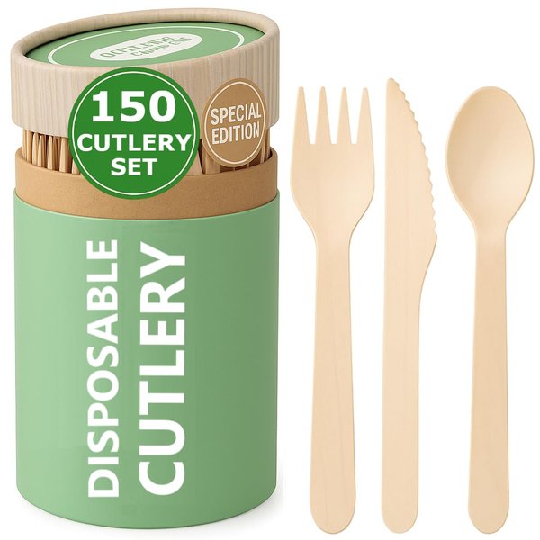 (150 Pcs) Special Edition Compostable Cutlery Set - Disposable Wooden Cutlery Set - Alternative to Plastic, Eco Friendly, Biodegradable, 50 Each Wooden Spoons, Knives, Forks Disposable Utensils Set