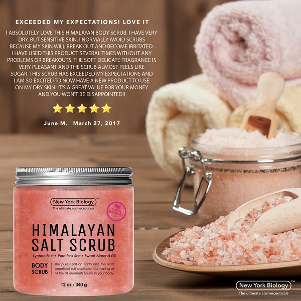 Himalayan Salt Body Scrub - Huge 12 OZ - 100% All Natural – Moisturizing Deep Cleansing Exfoliator with Lychee Oil & Sweet Almond Oil