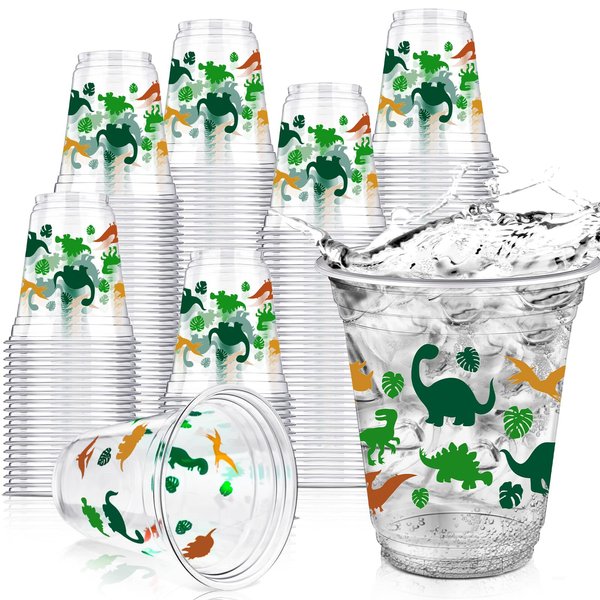 Yuxung 50 Pcs Dinosaur Cups 12 oz Dinosaur Disposable Plastic Cups Dino Tumbler Cups for Dinosaur Birthday Party Supplies Decorations, Green