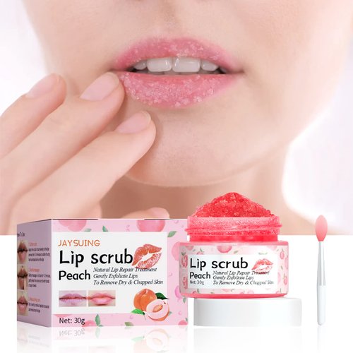 Jaysuing Lip Scrub, Lip Scrubs Exfoliating & Moisturizer,Lip Scrub for Dark Lips,Natural Lip Scrub with Lip Brush,Repair Cracked Lips,Chapped Lips (Peach)