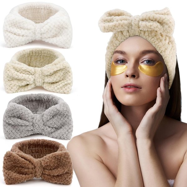 AHONEY 4 Pack Skin Care Headbands Facewash Headband Women Girls Microfiber Spa Headband Elastic Towel Headband Facial Makeup Headbands for Women for Washing Face (Bow)