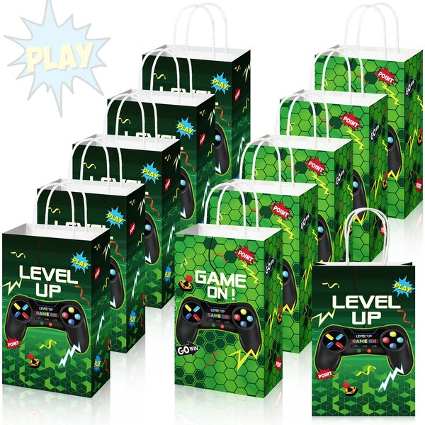 Saypacck 30 Pcs Green Video Game Party Gift Bags Bulk Gamer Theme Party Supplies Level up Game Paper Handbag Goodie Bags with Handle Gaming Party Favors for Birthday Party Decoration