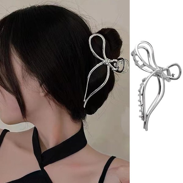 FRUZJAY Bow Hair Clips for for Thin Thick Hair, Silver Metal Bowknot Hair Claw Clip Elegant Hair Accessories Non-Slip Strong Hold Claw Clips Bow Hair Jaw Clip Cute Hair Barrettes Hair Pins(Silver Bow)