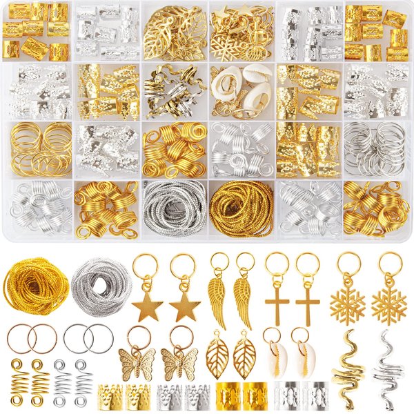 230PCS Hair Jewelry Beads，Dreadlocks Jewels for Women Braids, Gold And Silver Winding Line, Metal Hair Rings Cuffs Clips，Hair Charms Pendants Braid Loc Accessories for Hair Braiding Beard Decoration