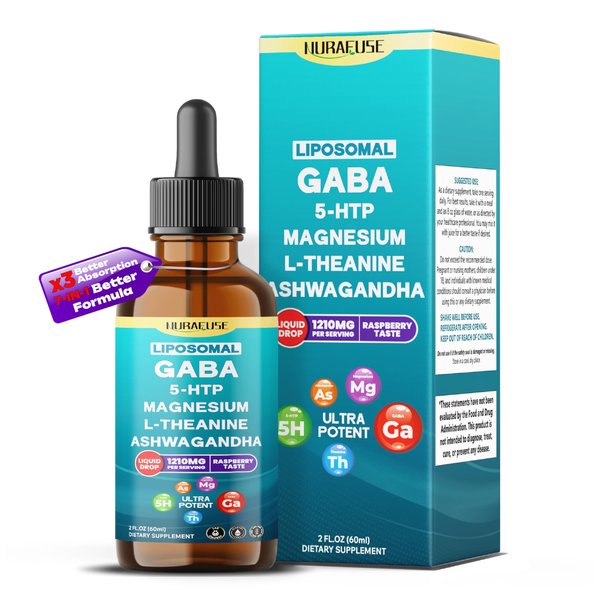 NURAFUSE Liposomal GABA, 5-HTP, Magnesium, Theanine, Ashwagandha Liquid Drops – Ultra Potent, Raspberry Taste, USA Made & Lab Tested – 2 FL OZ (60ml)