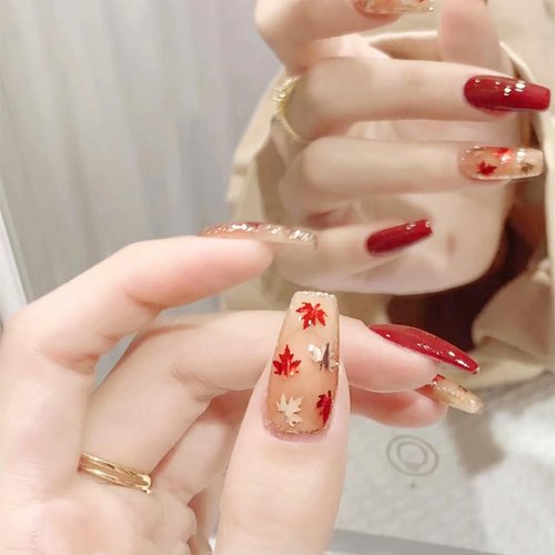 Fall Press on Nails Medium Coffin Fake Nails 24Pcs Autumn Maple Leaf False Nails Gold Red Maple Leaf Glitter Flakes Designs Full Cover Red Nails Glue on Nails for Women Girls Acrylic Nails Decorations