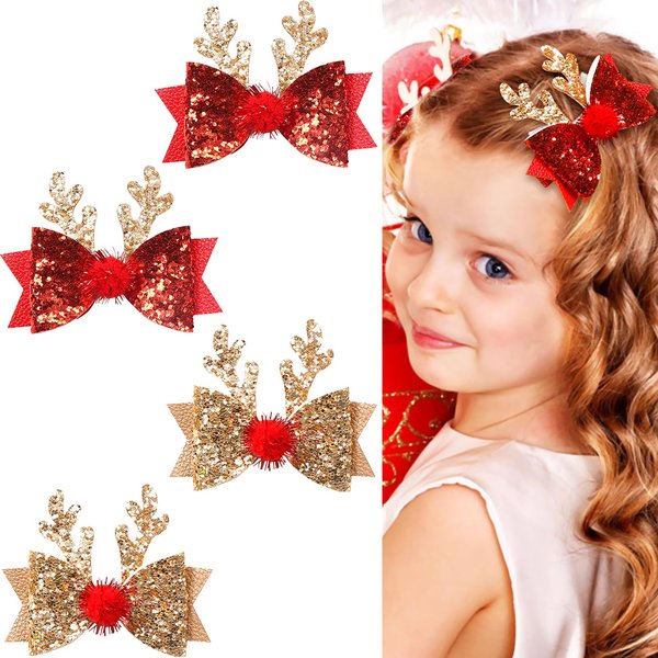 4 Pcs Christmas Hair Clips Xmas Bow Hair Accessories Cute Reindeer Antlers Ears Glitter Sequins Hair Barrettes Holiday Headdress Hairpin for Girls Women Kids Party Cosplay Gift
