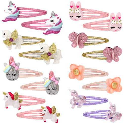 Unicorn Rabbit Snap Hair Clips No Slip Metal Butterfly Flower Hair Clips Little Girls Toddlers Kids Hair Clips Assorted Colorful Unicorn Hair Pins for Birthday Party Supplies (16pcs)