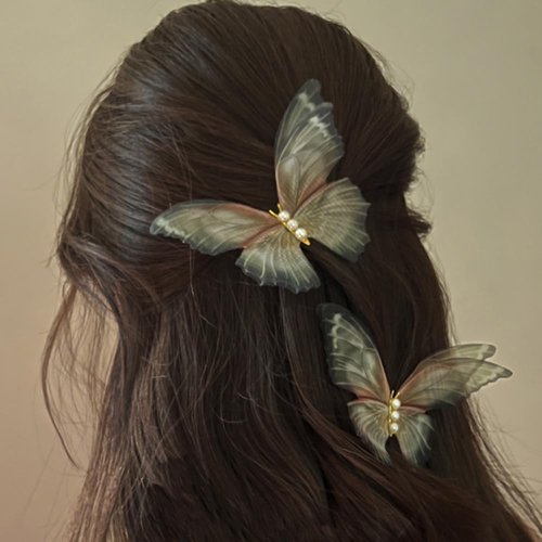 Jumwrit 2pcs Butterfly Hair Clips Boho Big Pearl Green Butterfly Hair Barrette 3D Moving Wings Butterfly Hair Clips Strong Hold Fairy Hairpin Accessories for Women Girls