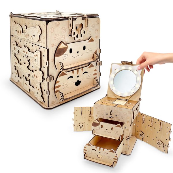 Hitish 3D Wooden Puzzles Cat Treasure Box, Wood Model Building kits for Kids Adults to Build, DIY Jewelry Box with Light Mirror, Hobbies Projects Creative Gift for Teens Girls Women