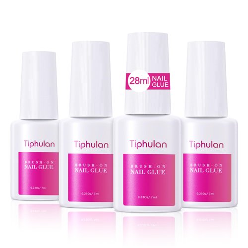 TIPHULAN 28ml Brush On Nail Glue for Press On, Acrylic Nails - Super Strong, Durable & Long-Lasting, Mess Free, Travel Friendly, 0.92 oz(4PCS)
