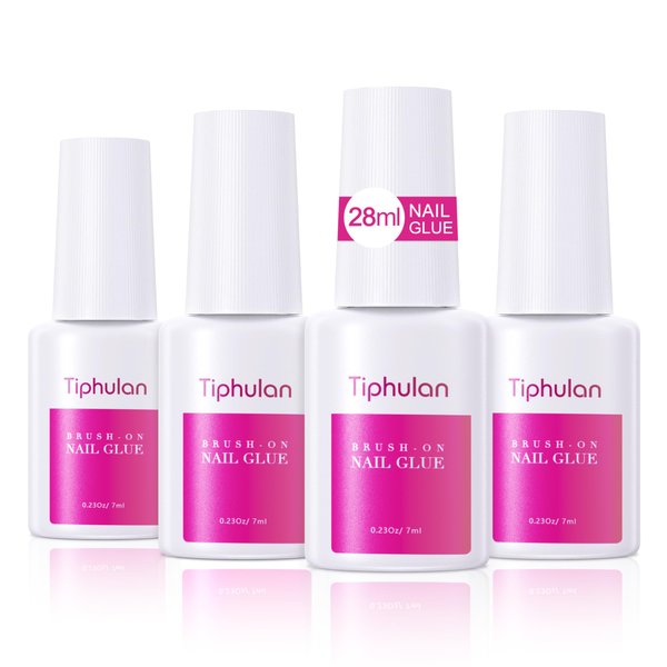 TIPHULAN 28ml Brush On Nail Glue for Press On, Acrylic Nails - Super Strong, Durable & Long-Lasting, Mess Free, Travel Friendly, 0.92 oz(4PCS)