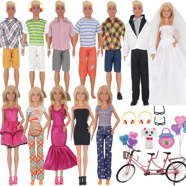 EuTengHao 30Pcs Doll Clothes and Accessories for 12 inch Boy and Girl Doll Includes 12 Set Wear Clothes Jeans and Wedding Dresses Tandem Bike Glasses Dog Bag and Colorful Balloons for 12 Inch Dolls
