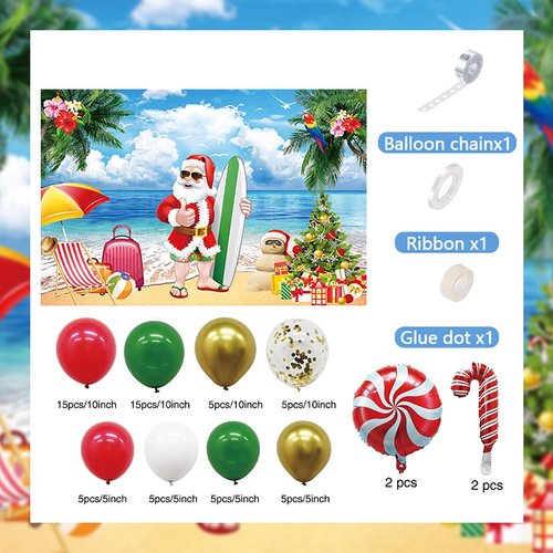 Merry Christmas Party Decorations Kit, Christmas Balloon Arch Garland Kit with Red Green Golden Candy Balloons, Summer Hawaiian Christmas Backdrop Banner,Tropical Beach Xmas Party Decors Supplies