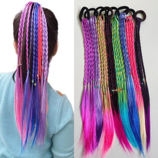 meigick Braided Ponytail Extension for Kids 8 Pieces Colored Braids Hair Extensions with Rubber Bands Rainbow Braided Synthetic Hairpieces Crazy Hair Day Accessories for Girls Party Cosplay Dress Up