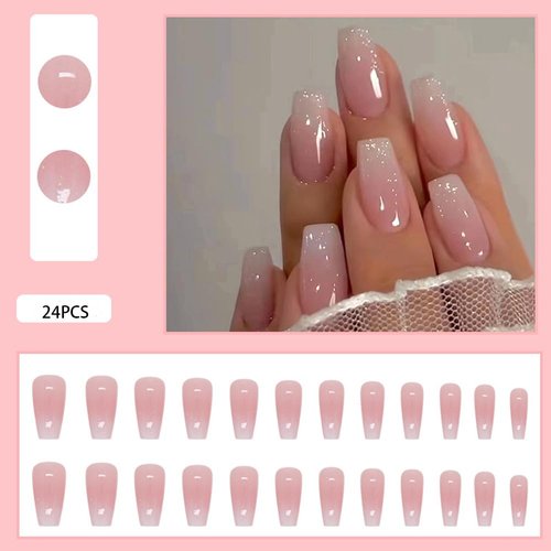 24Pcs Acrylic Press on Nails Medium Square Fake Nails Pink Ombre Glue on Nails False Nails with Gloss Glittering Powder Designs Nails Press on Artificial Nails Stick on Nails for Women Girls