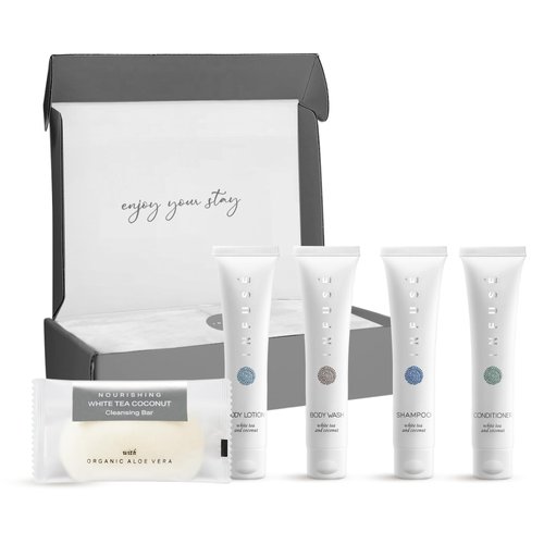 Infuse Amenity Kit | Boxed Hotel Toiletries | Bulk Set 1 oz Travel Size Shampoo, Conditioner, Lotion, Body Wash & Cleansing Bar for Guest Hospitality AirBnB/Vacation Rentals | 1 set per case