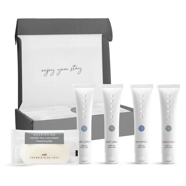 Infuse Amenity Kit | Boxed Hotel Toiletries | Bulk Set 1 oz Travel Size Shampoo, Conditioner, Lotion, Body Wash & Cleansing Bar for Guest Hospitality AirBnB/Vacation Rentals | 1 set per case