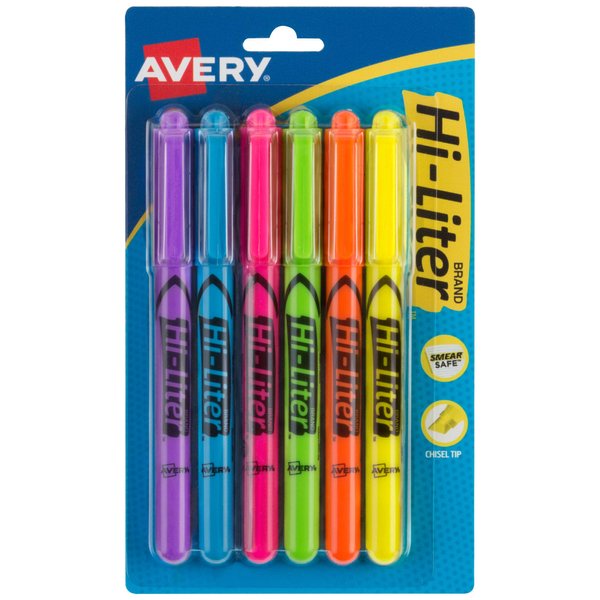 AVERY Hi-Liter Pen-Style Highlighters, Smear Safe Ink, Chisel Tip, 6 Assorted Color Highlighters (23585)