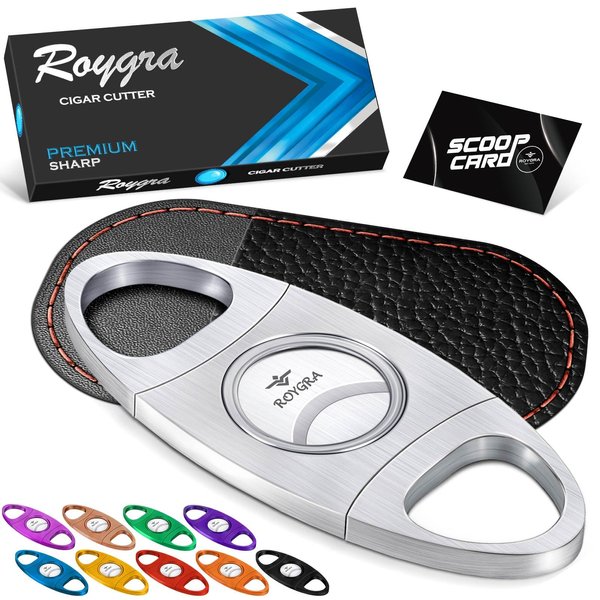 roygra Cigar Cutter with Leather Protector, Stainless Steel Double Blade Guillotine (Silver)