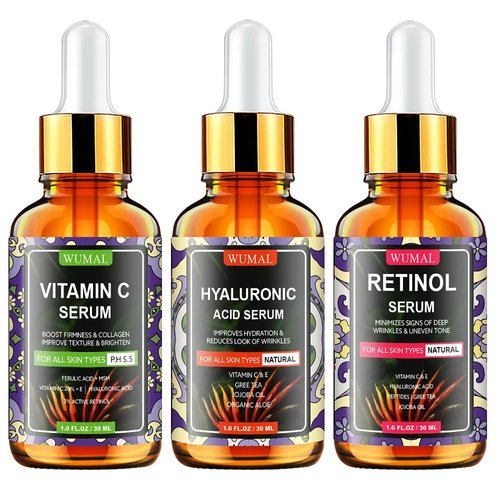 Wumal 3 Pack Face Serum Set - Vitamin C Serum, Retinol Serum & Hyaluronic Acid Serum - Firming, Brightening & Hydrating - Reset Your Skin Day and Night