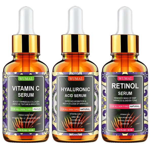 Wumal 3 Pack Face Serum Set - Vitamin C Serum, Retinol Serum & Hyaluronic Acid Serum - Firming, Brightening & Hydrating - Reset Your Skin Day and Night