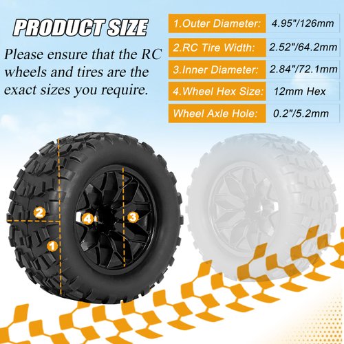 RC Station 12mm Hex RC Wheels and Tires 1/10 Scale 2.8 RC Truck Tires and Wheels for Traxxas Rustler Stampede Hoss E-Revo 2wd 4x4 vxl Tires and Wheels Redcat Riaario Amoril Tires Wheels Preglued 4PCS