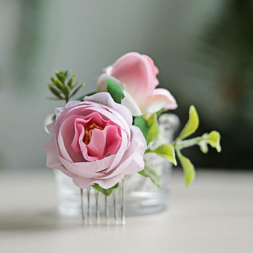 Fangsen Pink Berry Rose Hair Comb Festival Headpiece for Holiday Cosplay Women Party Silver (#524)