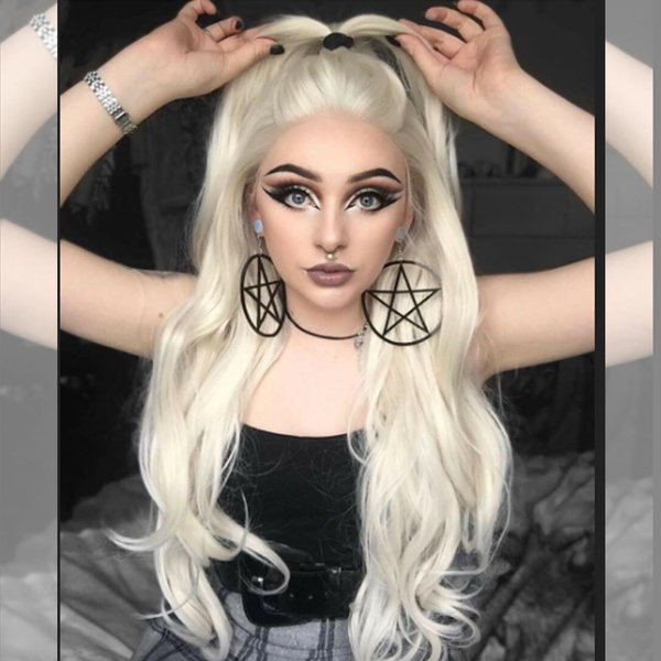 60# Platinum Blonde Wig Long Natural Curly Wavy Healthy Real Glueless Lace Front Wigs for Women Fashion Color Pre Plucked Synthetic Heat Safe Hair Wig 24 Inch