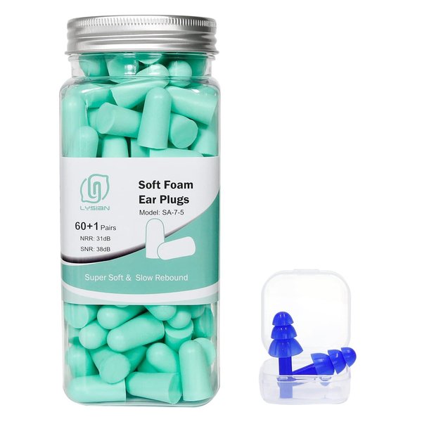 LYSIAN Ultra Soft Foam Earplugs for Sleep - 38dB Sleeping Ear Plugs Noise Cancelling, Reduction, Soud Proof, Work, Travel and Shooting Range -60 Pairs Value Pack(Water Blue)