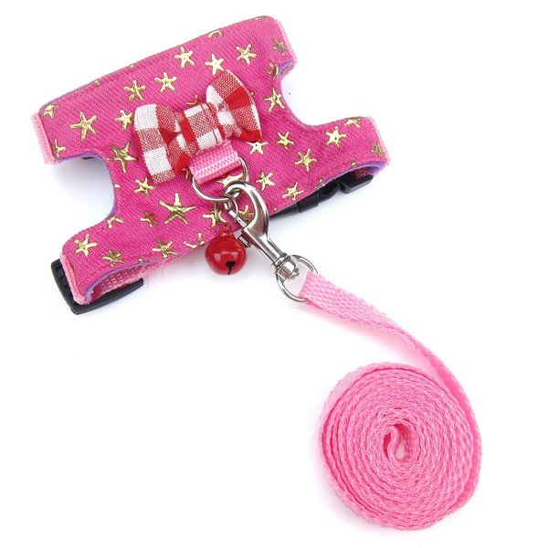 Wontee Small Pet Harness Vest and Leash Set with Bowknot and Bell Decor for Gerbil Guinea Pig Squirrel Kitten Outdoor Walking (S, Pink Star)