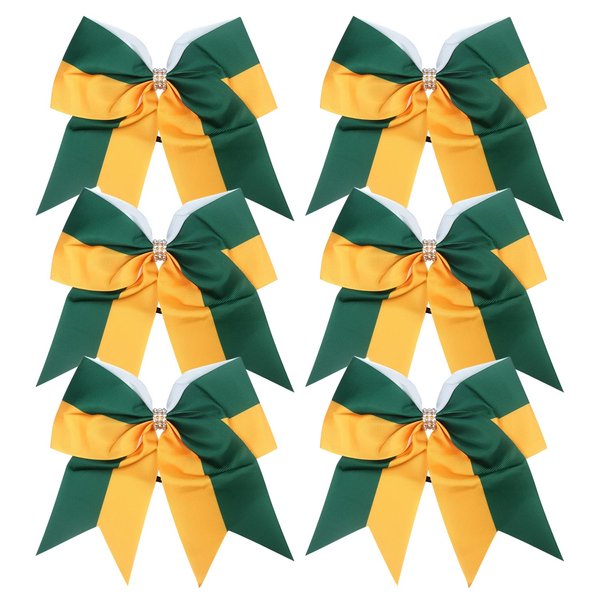 Cheerleader Bows 8 Inch Comb Color Ponytail Holder with Bling Fling Rhinestones Hair Tie Cheerleading Bows 6 Pcs (Forest Green/Gold)