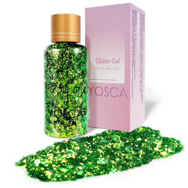 Yosca Body Glitter Gel, 30ML Green Mermaid Face Glitter, Cosmetic Grade Hair Chunky Glitter Lotion for Stage Themed Makeup Mardi Gras Christmas St Patrick Rave Accessories - Olive Green