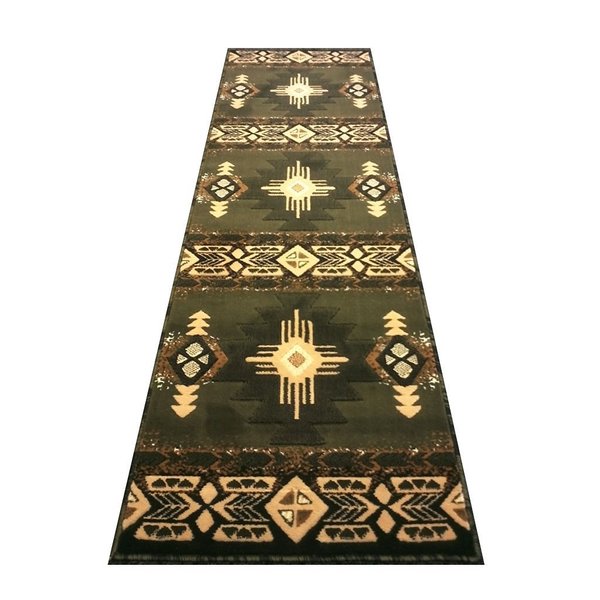 Champion Rugs South West Runner Rug Green Design # CR53 (2 Feet X 7 Feet Runner)