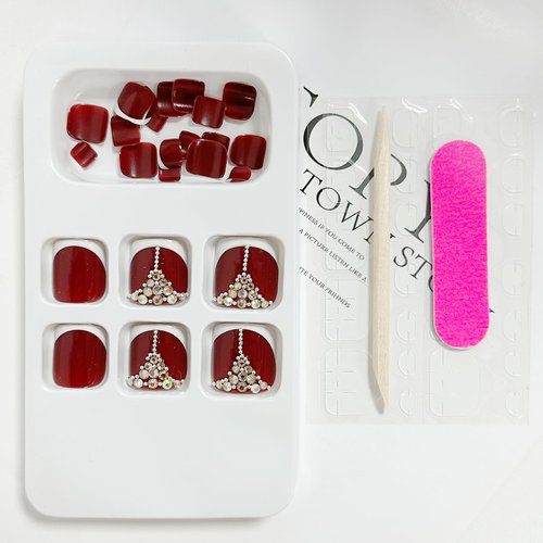 Red Press on Toenails French Tip Fake Toenail Rhinestone False Nail for Toe Red Glossy Full Cover Toe Nails Bling Artificial Toenails Acrylic Foot Nail Tips for Women and Girls 24Pcs Toenails Decor