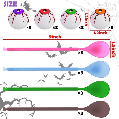 AMENON 12 Player Halloween Games, 12 Halloween Eyeball Egg & 12 Spoon Race Game for Kids Adults, Halloween Party Favors Supplies, Halloween Party Game Toys Outdoor Classroom Carnival Games Treats Gift