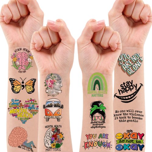 Mental Health Awareness Brain Stickers Items Temporary Tattoos Decor Birthday Party Decorations Supplies Favors Inspirational Tattoo Sticker 96 PCS Wellness Therapist Gifts for Women Men Kids Rewards