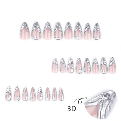 Vopintpy 3D Silver French Press on Nails Medium Almond Fake Nails Irregular Pattern Design Glue on Nails Reusable Full Cover Stick on Nails for Women DIY Charm Manicure