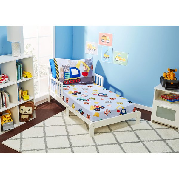 EVERYDAY KIDS Toddler Fitted Sheet and Pillowcase Set -Under Construction- Soft Breathable Microfiber Toddler Sheet Set