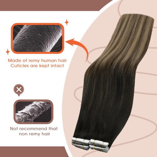 Sunny Hair Ombre Tape in Hair Extensions Real Human Hair Ombre Black Tape in Extensions Human Hair Natural Black to Dark Brown with Ash Brown Human Hair Tape Extensions Ombre 10pcs 24inch