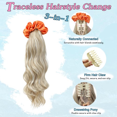 BUPPLER Ponytail Extension with Scrunchies Ponytail Wig Claw Clip in Fake Ponytail Hair Extensions Synthetic High/Low Pony Tail Hair Piece for Women (Orange Scrunchie Blonde to Highlights Wavy)