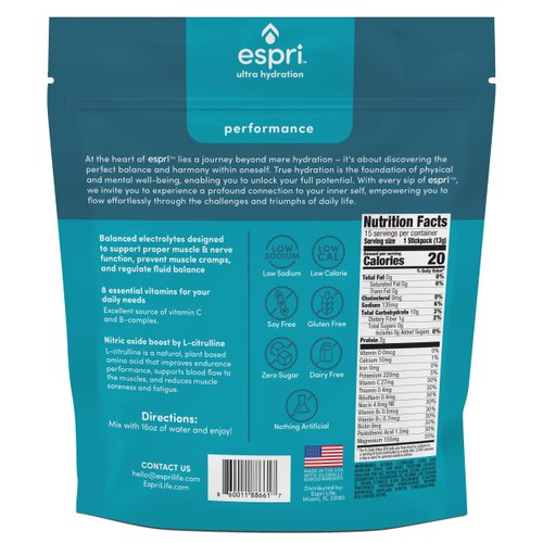 ESPRI Zero Sugar Electrolyte Drink Mix, Yuzu Citrus, Hydration Packets, Nitric Oxide Boost, Low Calories, Magnesium Citrate Prevents Muscle Cramps and Improves Recovery, 15 Day Supply