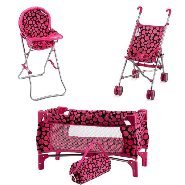 Doll Accessories Gift Bundle Stroller Bed Highchair, Baby Doll Furniture Set, Baby Doll Crib, Doll Stroller, Doll Highchair (Doll Accessories Bundle)