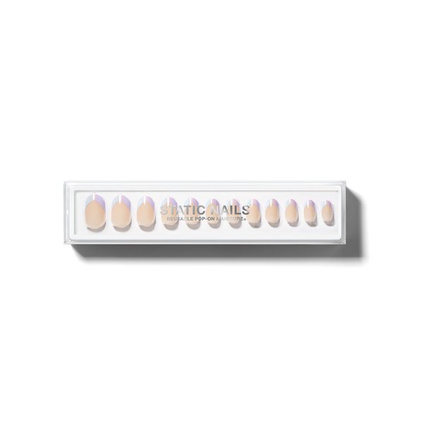 Static Nails Reusable Pop-On Manicure Set, Non-Damaging Glue-On Nails (Blended French Sky Round) - False Nails with Static Nail Glue, Nail Set, Fake Acrylic Press On Nails