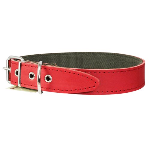 Thick Genuine Leather Dog Collar, Cotton Padded, 1.25" Wide. (Neck Circumf.: 21.5"-25", Red)
